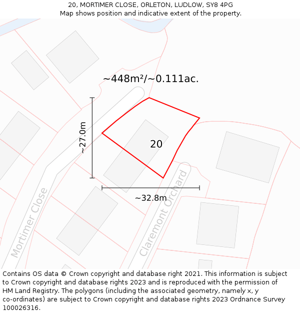 20, MORTIMER CLOSE, ORLETON, LUDLOW, SY8 4PG: Plot and title map