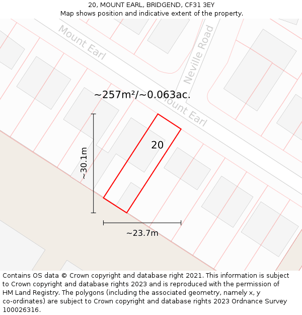 20, MOUNT EARL, BRIDGEND, CF31 3EY: Plot and title map