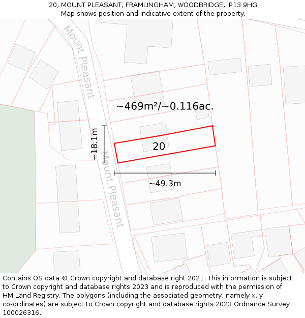 20, MOUNT PLEASANT, FRAMLINGHAM, WOODBRIDGE, IP13 9HG: Plot and title map