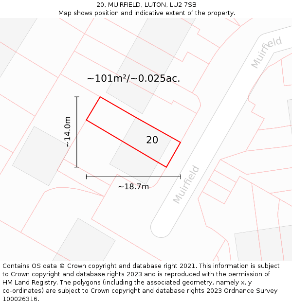 20, MUIRFIELD, LUTON, LU2 7SB: Plot and title map