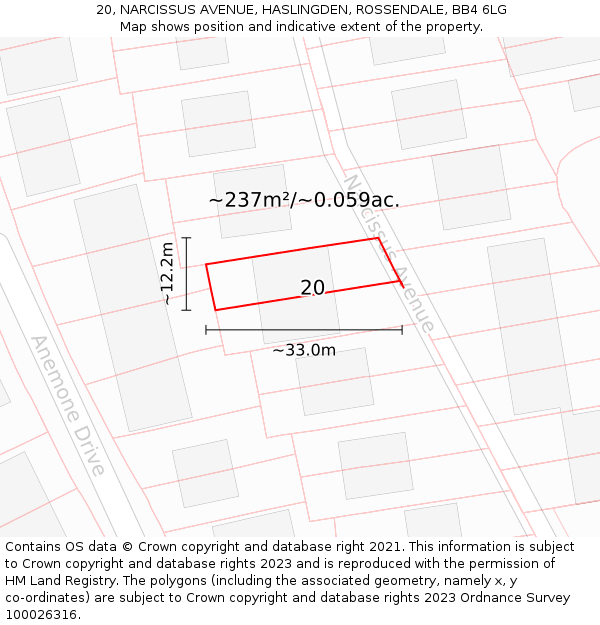 20, NARCISSUS AVENUE, HASLINGDEN, ROSSENDALE, BB4 6LG: Plot and title map