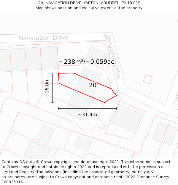 20, NAVIGATION DRIVE, YAPTON, ARUNDEL, BN18 0FS: Plot and title map