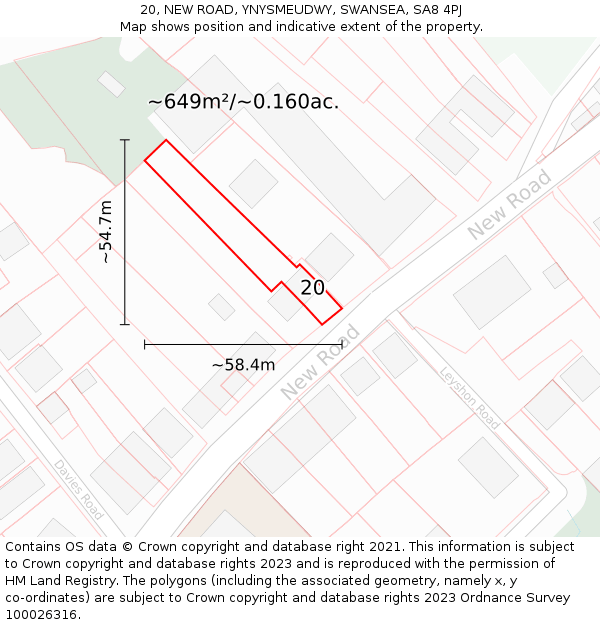 20, NEW ROAD, YNYSMEUDWY, SWANSEA, SA8 4PJ: Plot and title map