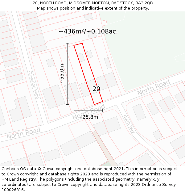 20, NORTH ROAD, MIDSOMER NORTON, RADSTOCK, BA3 2QD: Plot and title map