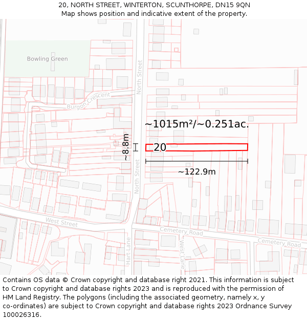 20, NORTH STREET, WINTERTON, SCUNTHORPE, DN15 9QN: Plot and title map