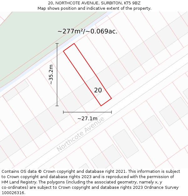 20, NORTHCOTE AVENUE, SURBITON, KT5 9BZ: Plot and title map