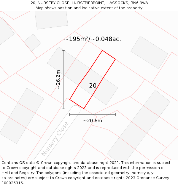 20, NURSERY CLOSE, HURSTPIERPOINT, HASSOCKS, BN6 9WA: Plot and title map