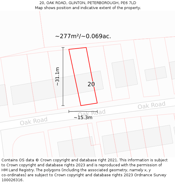 20, OAK ROAD, GLINTON, PETERBOROUGH, PE6 7LD: Plot and title map