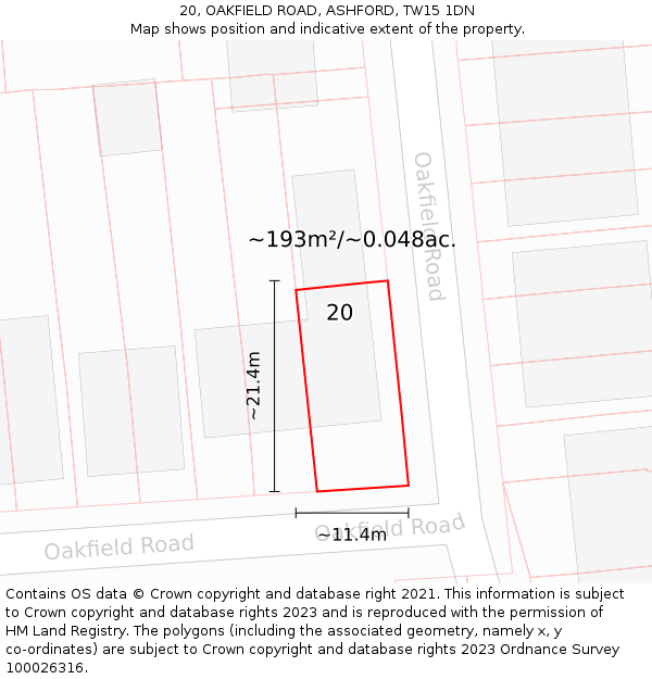 20, OAKFIELD ROAD, ASHFORD, TW15 1DN: Plot and title map