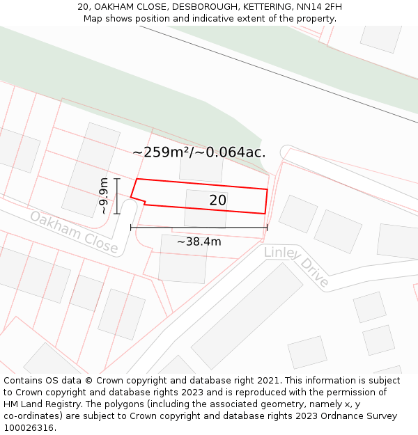 20, OAKHAM CLOSE, DESBOROUGH, KETTERING, NN14 2FH: Plot and title map