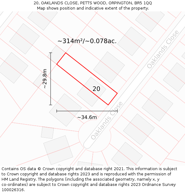 20, OAKLANDS CLOSE, PETTS WOOD, ORPINGTON, BR5 1QQ: Plot and title map