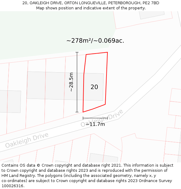 20, OAKLEIGH DRIVE, ORTON LONGUEVILLE, PETERBOROUGH, PE2 7BD: Plot and title map