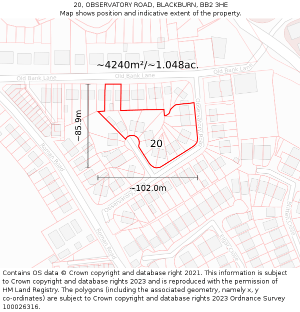 20, OBSERVATORY ROAD, BLACKBURN, BB2 3HE: Plot and title map