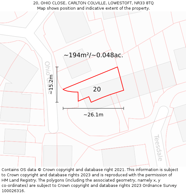 20, OHIO CLOSE, CARLTON COLVILLE, LOWESTOFT, NR33 8TQ: Plot and title map