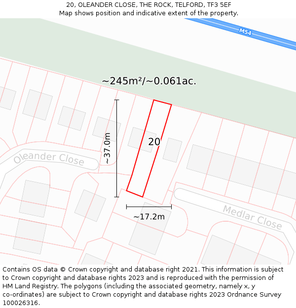 20, OLEANDER CLOSE, THE ROCK, TELFORD, TF3 5EF: Plot and title map