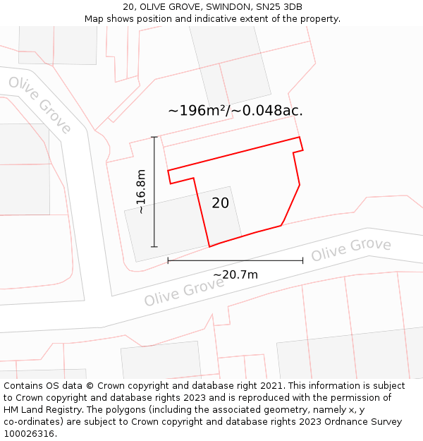 20, OLIVE GROVE, SWINDON, SN25 3DB: Plot and title map