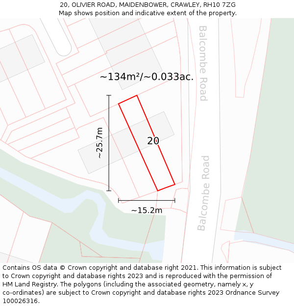 20, OLIVIER ROAD, MAIDENBOWER, CRAWLEY, RH10 7ZG: Plot and title map