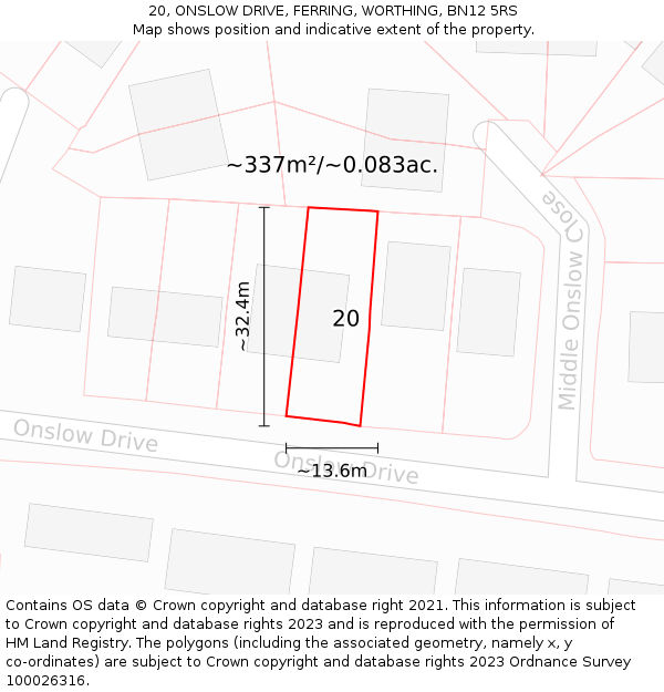 20, ONSLOW DRIVE, FERRING, WORTHING, BN12 5RS: Plot and title map
