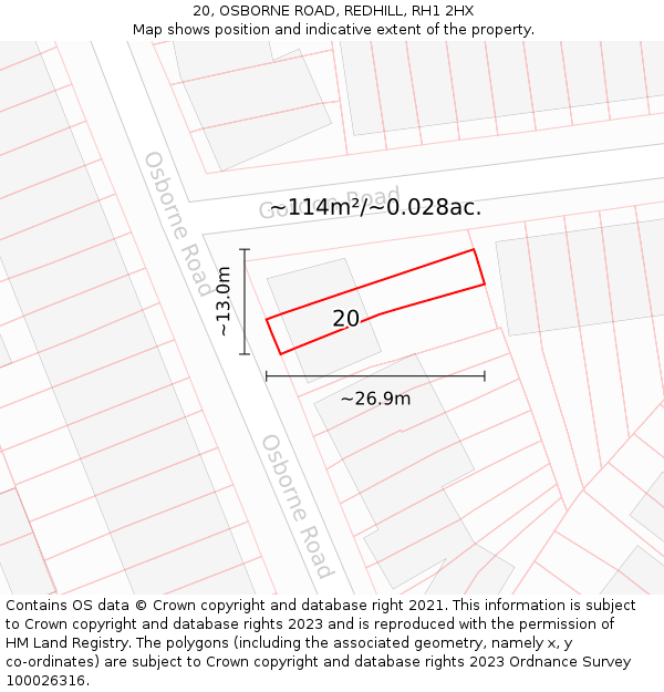 20, OSBORNE ROAD, REDHILL, RH1 2HX: Plot and title map