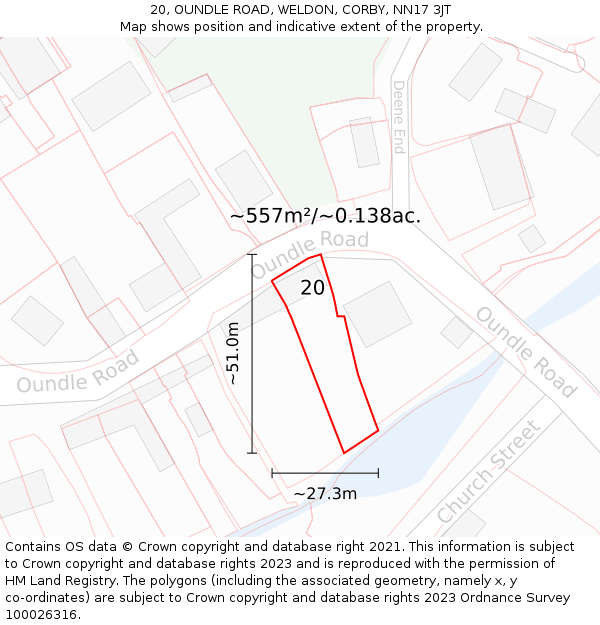 20, OUNDLE ROAD, WELDON, CORBY, NN17 3JT: Plot and title map