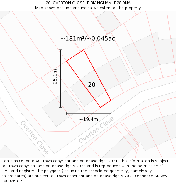 20, OVERTON CLOSE, BIRMINGHAM, B28 9NA: Plot and title map