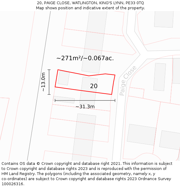 20, PAIGE CLOSE, WATLINGTON, KING'S LYNN, PE33 0TQ: Plot and title map
