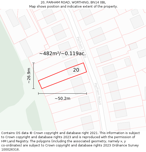 20, PARHAM ROAD, WORTHING, BN14 0BL: Plot and title map