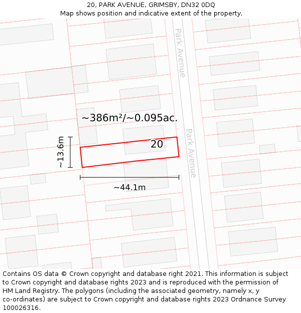 20, PARK AVENUE, GRIMSBY, DN32 0DQ: Plot and title map