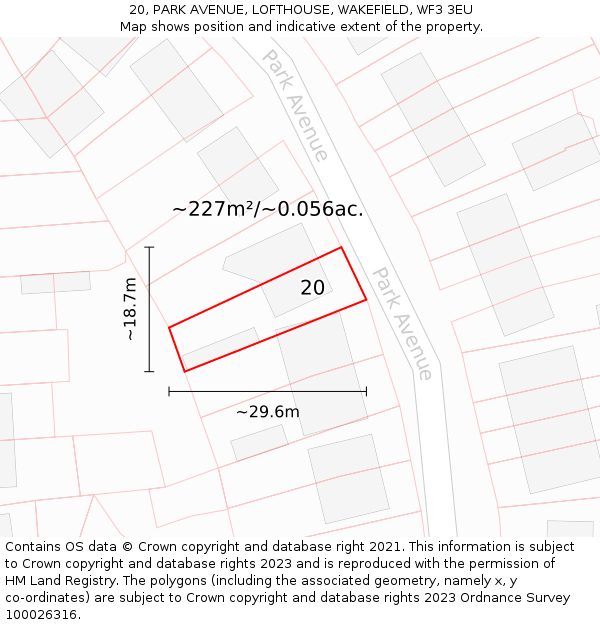 20, PARK AVENUE, LOFTHOUSE, WAKEFIELD, WF3 3EU: Plot and title map