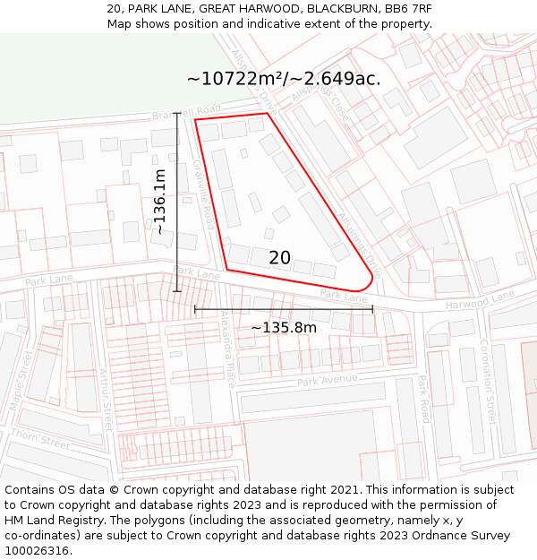 20, PARK LANE, GREAT HARWOOD, BLACKBURN, BB6 7RF: Plot and title map