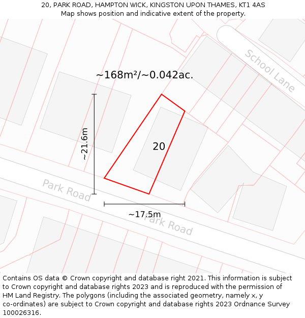 20, PARK ROAD, HAMPTON WICK, KINGSTON UPON THAMES, KT1 4AS: Plot and title map