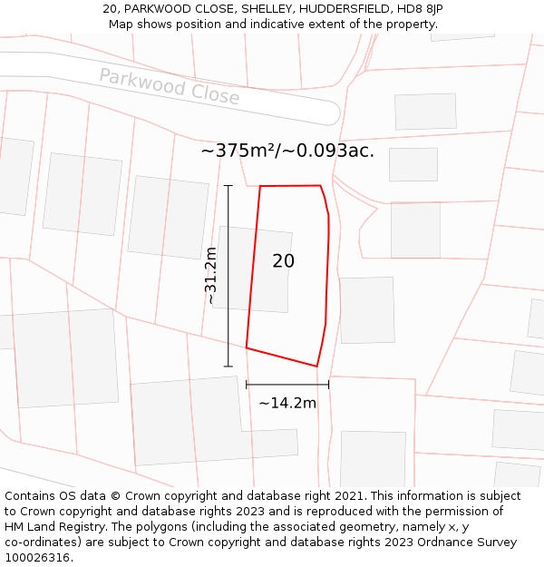 20, PARKWOOD CLOSE, SHELLEY, HUDDERSFIELD, HD8 8JP: Plot and title map