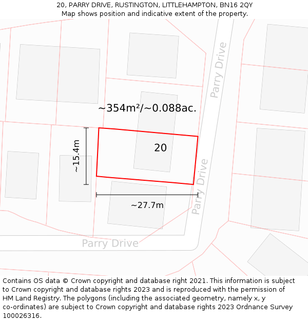 20, PARRY DRIVE, RUSTINGTON, LITTLEHAMPTON, BN16 2QY: Plot and title map