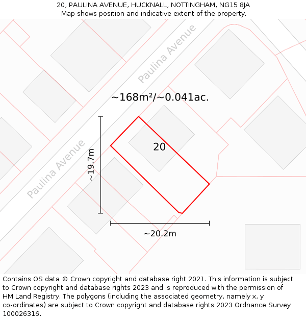 20, PAULINA AVENUE, HUCKNALL, NOTTINGHAM, NG15 8JA: Plot and title map