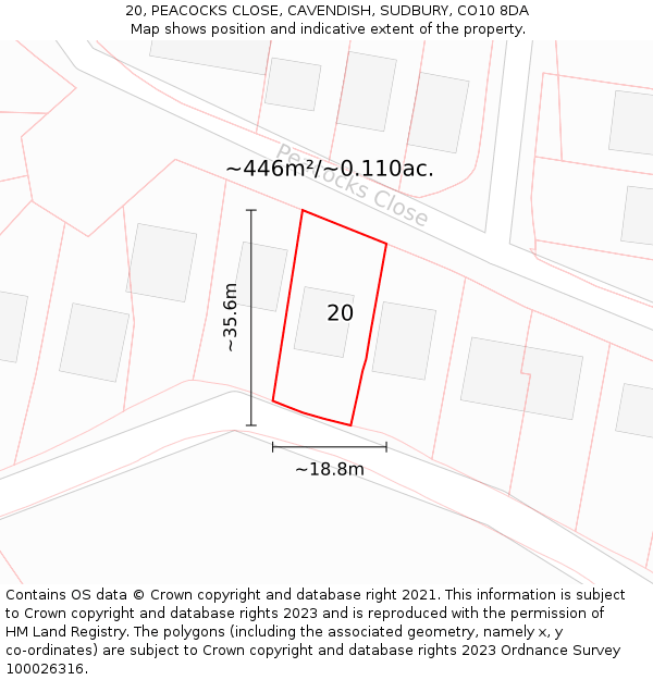 20, PEACOCKS CLOSE, CAVENDISH, SUDBURY, CO10 8DA: Plot and title map
