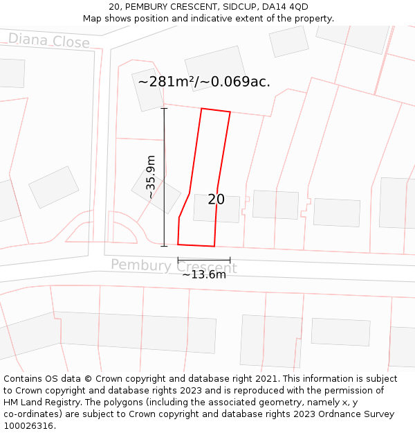 20, PEMBURY CRESCENT, SIDCUP, DA14 4QD: Plot and title map