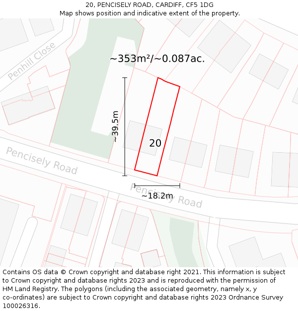 20, PENCISELY ROAD, CARDIFF, CF5 1DG: Plot and title map