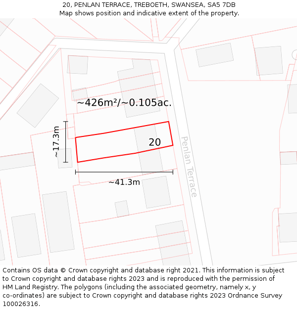 20, PENLAN TERRACE, TREBOETH, SWANSEA, SA5 7DB: Plot and title map