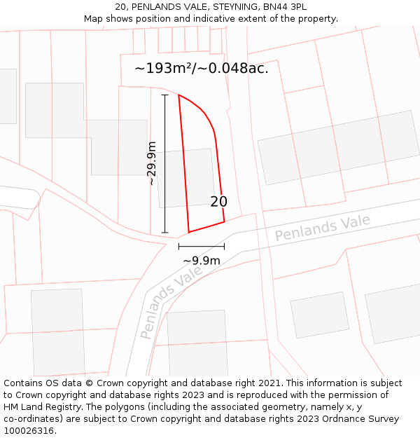 20, PENLANDS VALE, STEYNING, BN44 3PL: Plot and title map