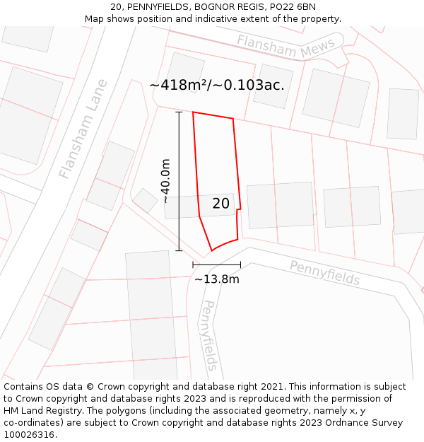 20, PENNYFIELDS, BOGNOR REGIS, PO22 6BN: Plot and title map