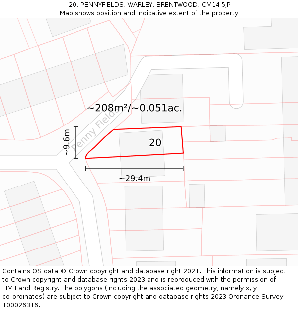20, PENNYFIELDS, WARLEY, BRENTWOOD, CM14 5JP: Plot and title map