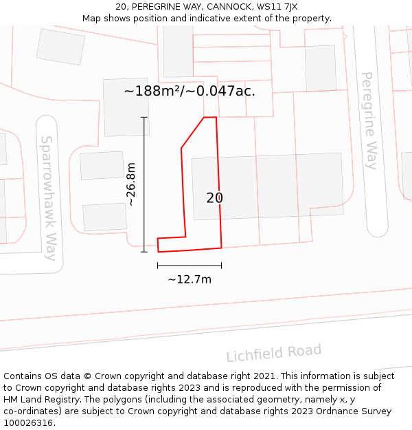 20, PEREGRINE WAY, CANNOCK, WS11 7JX: Plot and title map