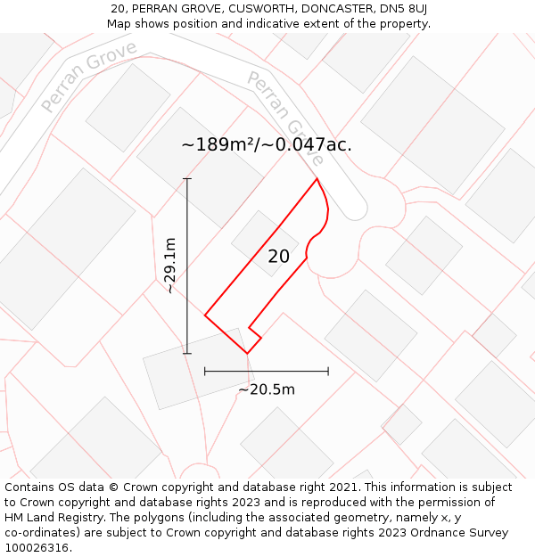 20, PERRAN GROVE, CUSWORTH, DONCASTER, DN5 8UJ: Plot and title map