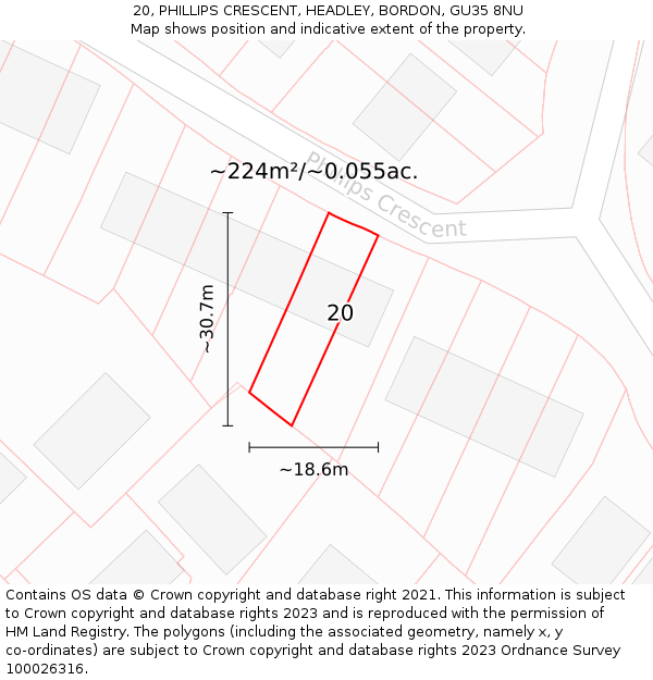 20, PHILLIPS CRESCENT, HEADLEY, BORDON, GU35 8NU: Plot and title map
