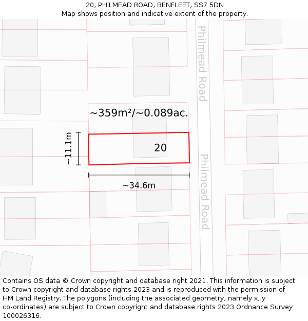 20, PHILMEAD ROAD, BENFLEET, SS7 5DN: Plot and title map