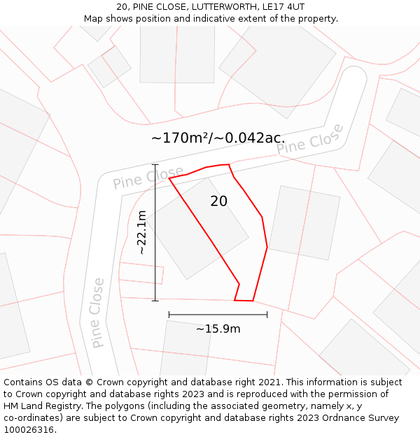 20, PINE CLOSE, LUTTERWORTH, LE17 4UT: Plot and title map