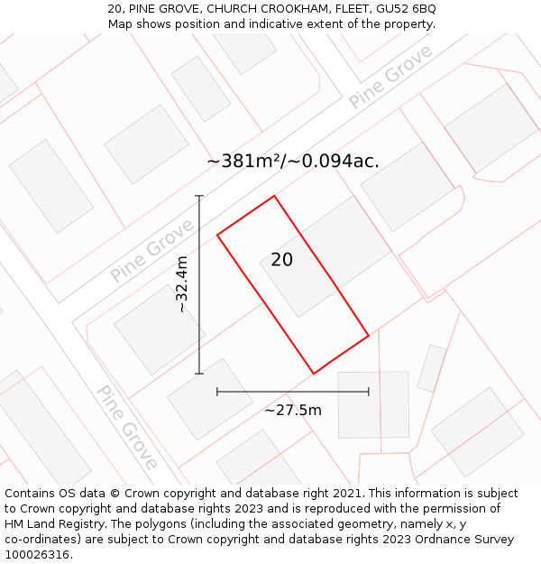 20, PINE GROVE, CHURCH CROOKHAM, FLEET, GU52 6BQ: Plot and title map