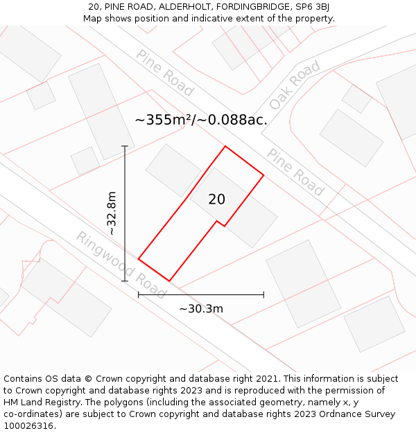20, PINE ROAD, ALDERHOLT, FORDINGBRIDGE, SP6 3BJ: Plot and title map