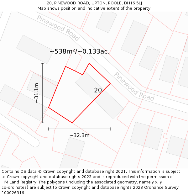 20, PINEWOOD ROAD, UPTON, POOLE, BH16 5LJ: Plot and title map