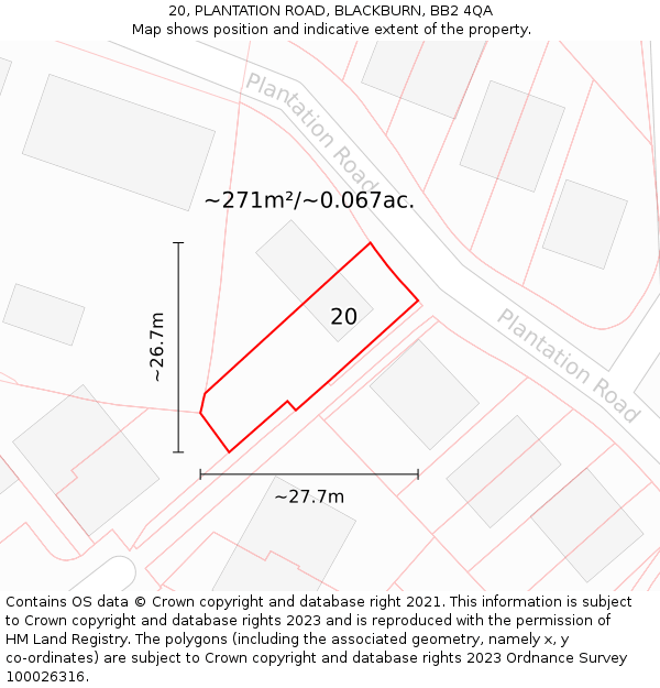 20, PLANTATION ROAD, BLACKBURN, BB2 4QA: Plot and title map
